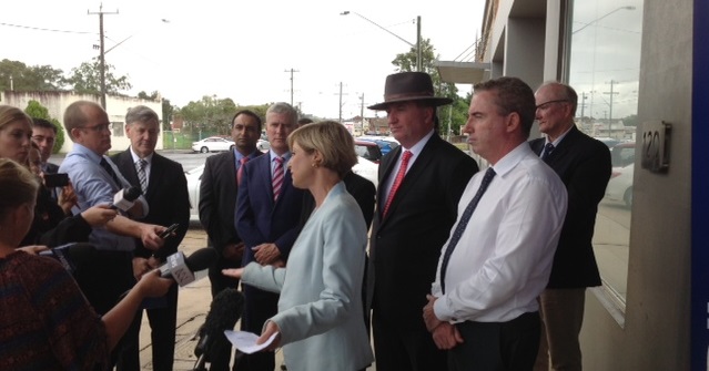 BCCM CEO, Melina Morrison speaking to the media at the launch of the program with Acting PM Joyce and Kevin Hogan MP.