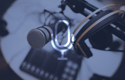 Microphone icon (podcast) overlayed over recording equipment photo