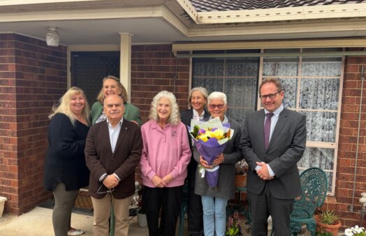 Keilor Housing Co-operative members, CEHL CEO Elizabeth Thomas, BCCM CEO Melina Morrison, Tony De Domenico OAM, Assistant Treasurer Dr Daniel Mulino MP